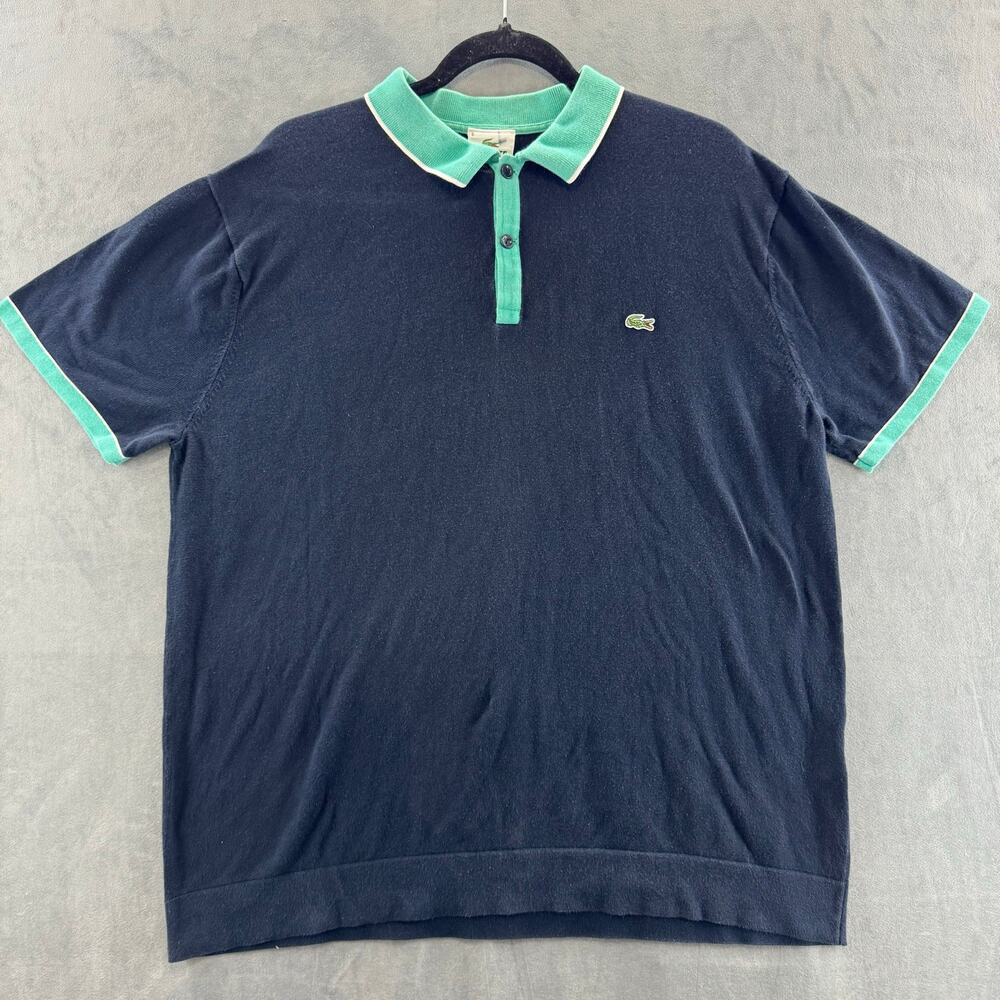 Lacoste Polo Shirt 100% Cotton Stretch Size 6 Navy w/ Mint Green Collar Sleeve